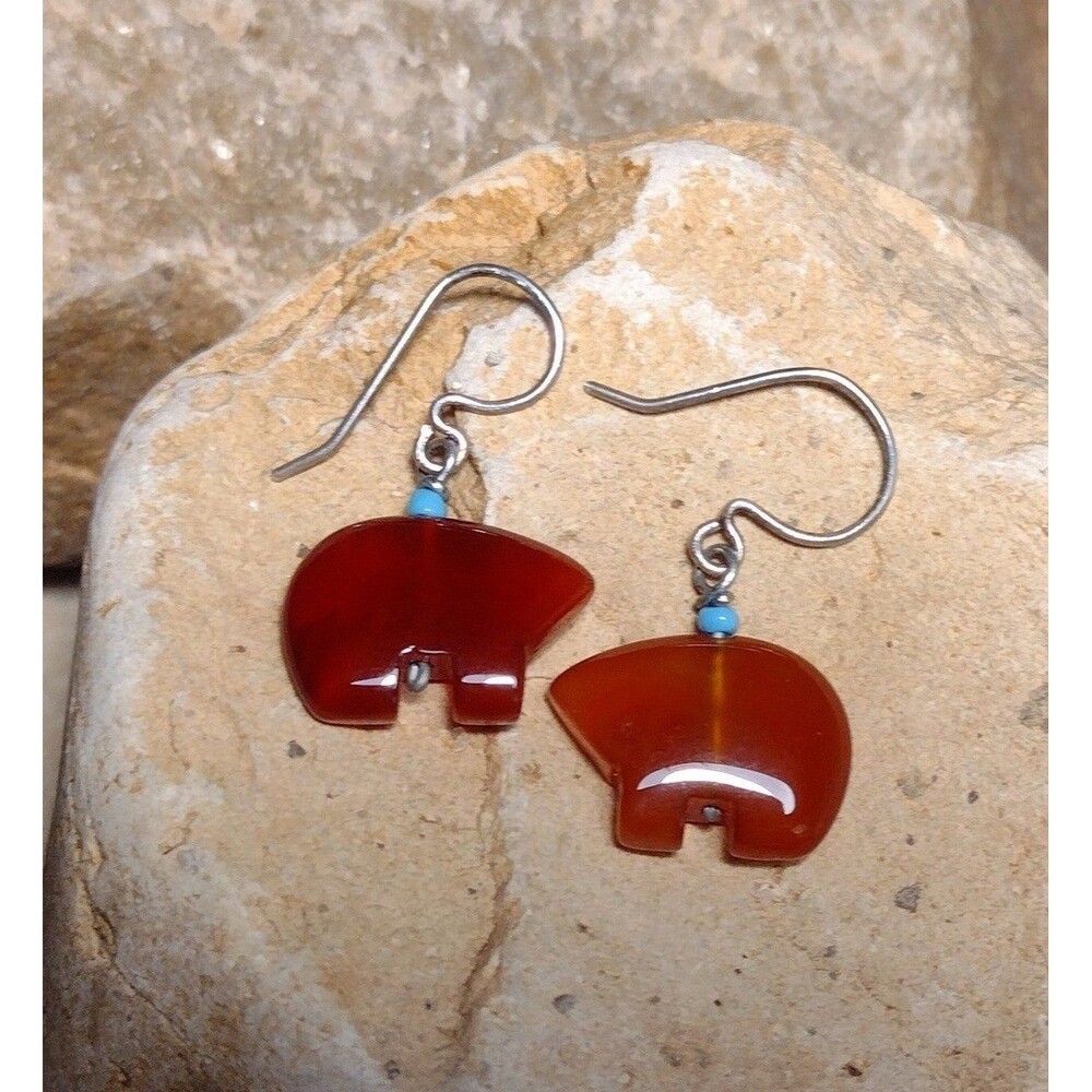 Fetish Bear Carnelian Stone Sterling Silver Dangle Earrings Vintage - Picture 6 of 12